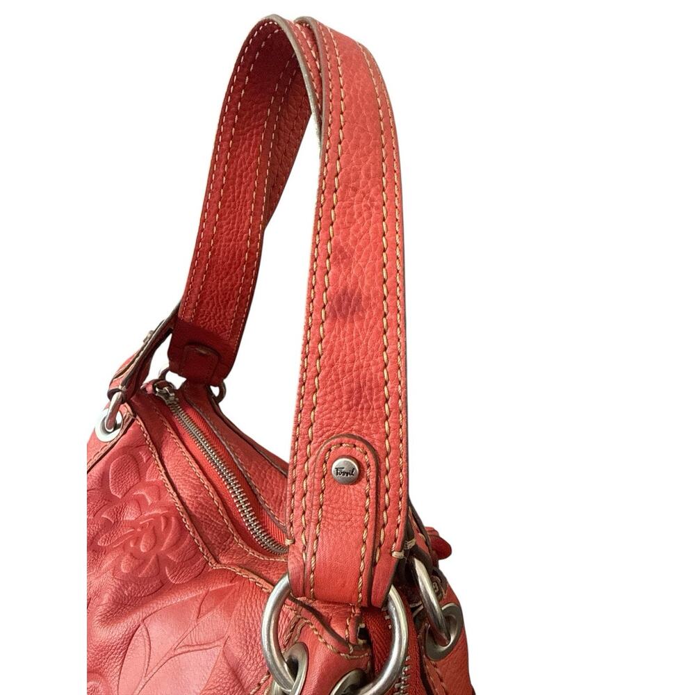 Fossil Shoulder Bag Coral Embossed Floral Double Handle Tortoise Key Charm EUC - Picture 11 of 16